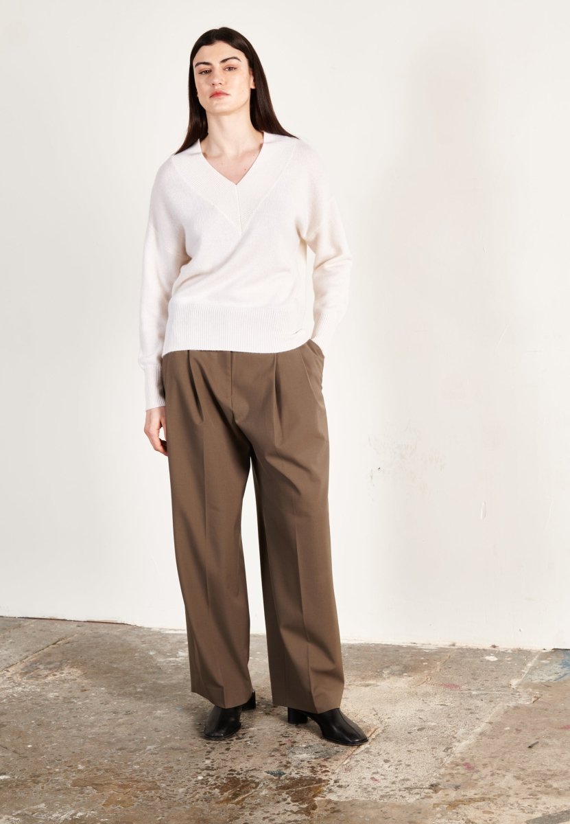 Pull col V femme en cachemire 4 fils blanc écru - HANA 12-4