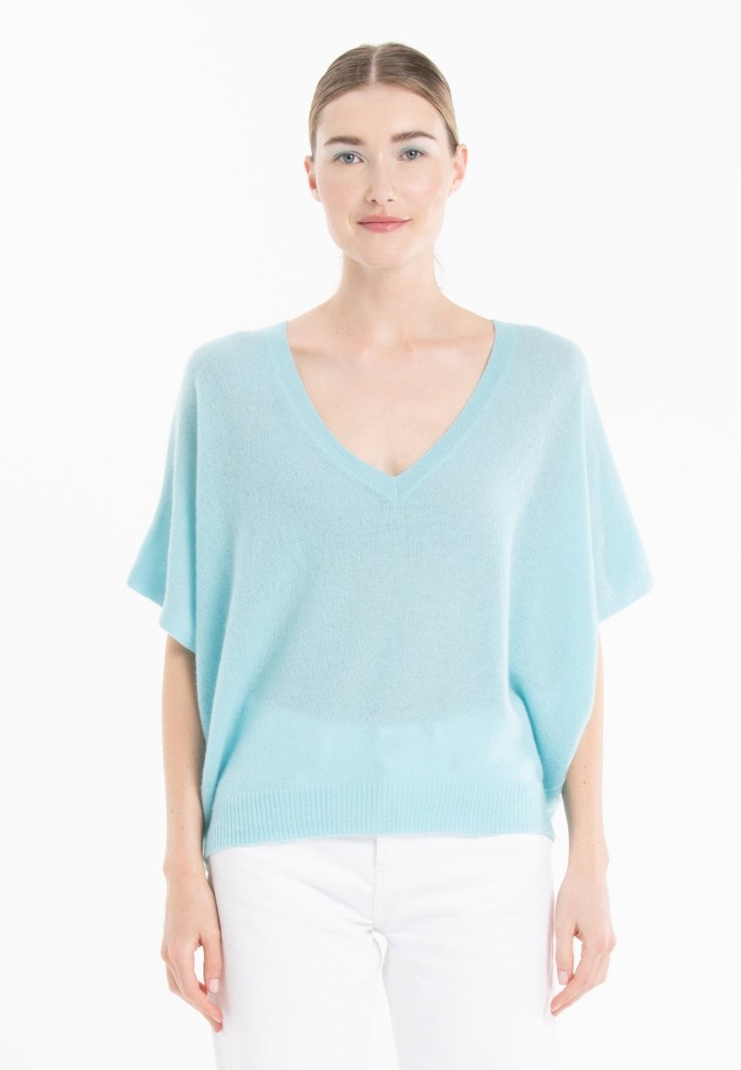 Pull col V manches chauve souris en cachemire turquoise femme - RIA 25-col v femme-Studio Cashmere8-S-M-SC8-01088-turquoise-Urbanheer