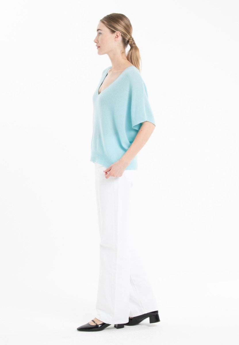 Pull col V manches chauve souris en cachemire turquoise femme - RIA 25-col v femme-Studio Cashmere8-S-M-SC8-01088-turquoise-Urbanheer