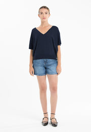 Pull col V manches chauve souris ultrafin cachemire et laine marine femme - KELLY 6-col v femme-Studio Cashmere8-S-M-SC8-01127-bleu marine-Urbanheer