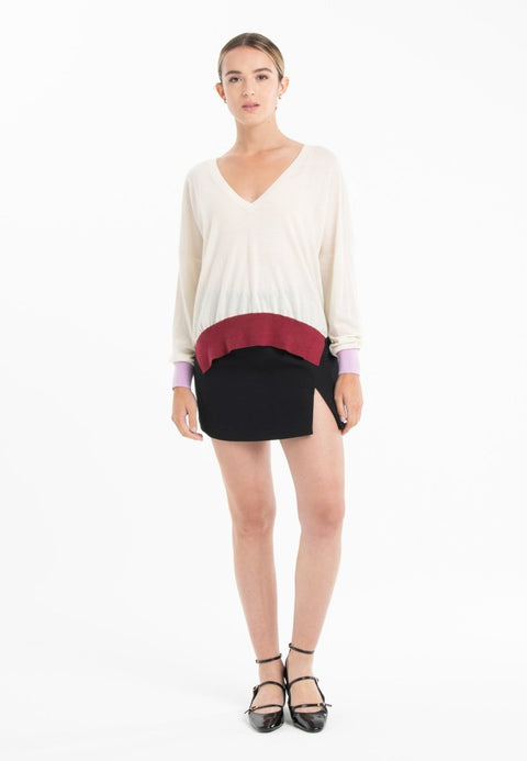 Pull col V oversize ultrafin cachemire et laine blanc/ lavande/ rouge femme - KELLY 10-col v femme-Studio Cashmere8-S-M-SC8-01049-blanc/lavande/rouge-Urbanheer