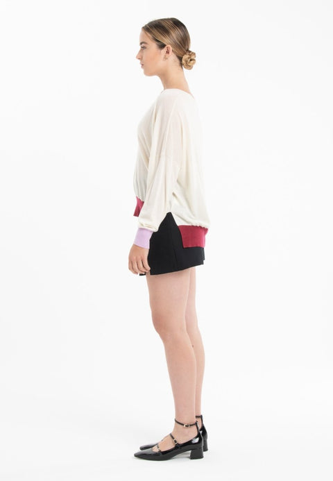 Pull col V oversize ultrafin cachemire et laine blanc/ lavande/ rouge femme - KELLY 10-col v femme-Studio Cashmere8-S-M-SC8-01049-blanc/lavande/rouge-Urbanheer