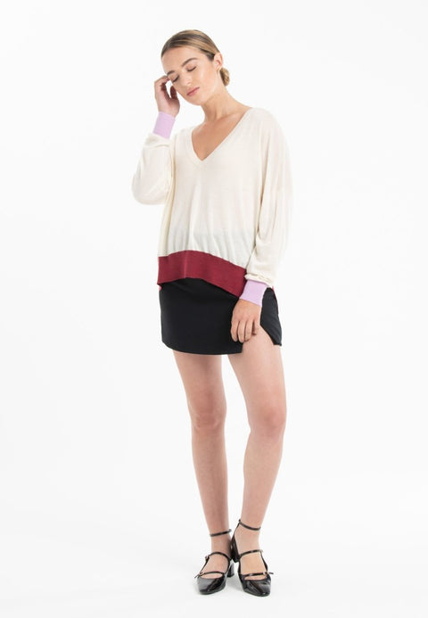 Pull col V oversize ultrafin cachemire et laine blanc/ lavande/ rouge femme - KELLY 10-col v femme-Studio Cashmere8-S-M-SC8-01049-blanc/lavande/rouge-Urbanheer