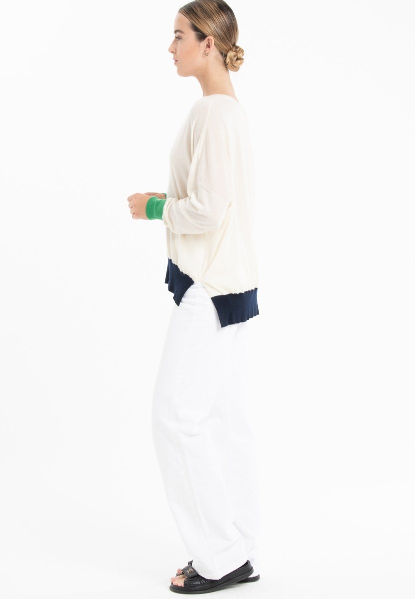 Pull col V oversize ultrafin cachemire et laine blanc/vert/bleu marine femme - KELLY 10-col v femme-Studio Cashmere8-S-M-SC8-01059-blanc/vert/bleu marine-Urbanheer