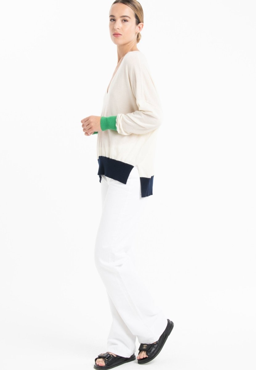 Pull col V oversize ultrafin cachemire et laine blanc/vert/bleu marine femme - KELLY 10-col v femme-Studio Cashmere8-S-M-SC8-01059-blanc/vert/bleu marine-Urbanheer