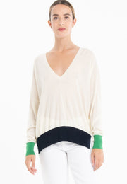 Pull col V oversize ultrafin cachemire et laine blanc/vert/bleu marine femme - KELLY 10-col v femme-Studio Cashmere8-S-M-SC8-01059-blanc/vert/bleu marine-Urbanheer