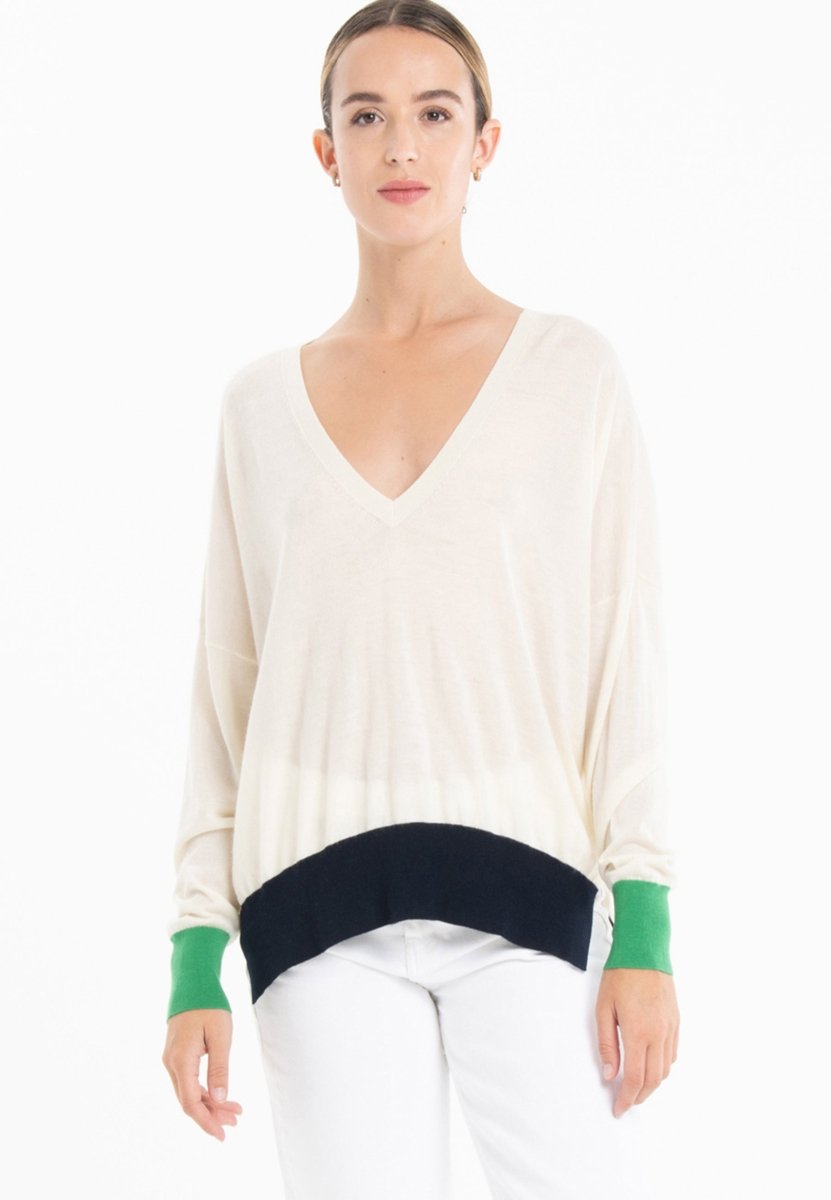 Pull col V oversize ultrafin cachemire et laine blanc/vert/bleu marine femme - KELLY 10-col v femme-Studio Cashmere8-S-M-SC8-01059-blanc/vert/bleu marine-Urbanheer
