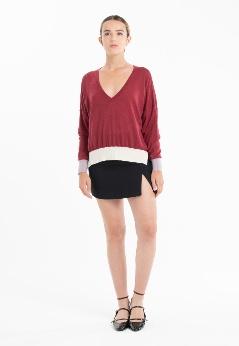 Pull col V oversize ultrafin cachemire et laine rouge/ violet/ blanc femme - KELLY 10-col v femme-Studio Cashmere8-S-M-SC8-01055-rouge/violet/blanc-Urbanheer