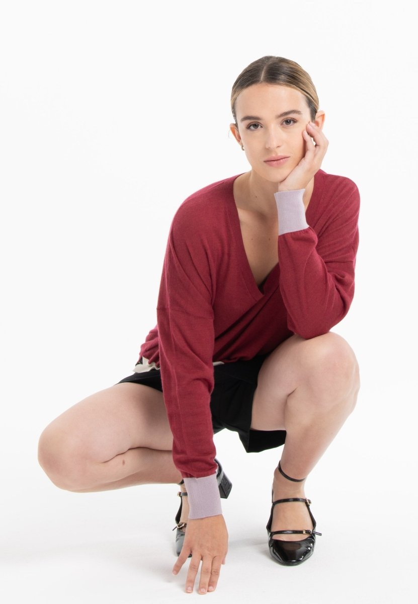 Pull col V oversize ultrafin cachemire et laine rouge/ violet/ blanc femme - KELLY 10-col v femme-Studio Cashmere8-S-M-SC8-01055-rouge/violet/blanc-Urbanheer