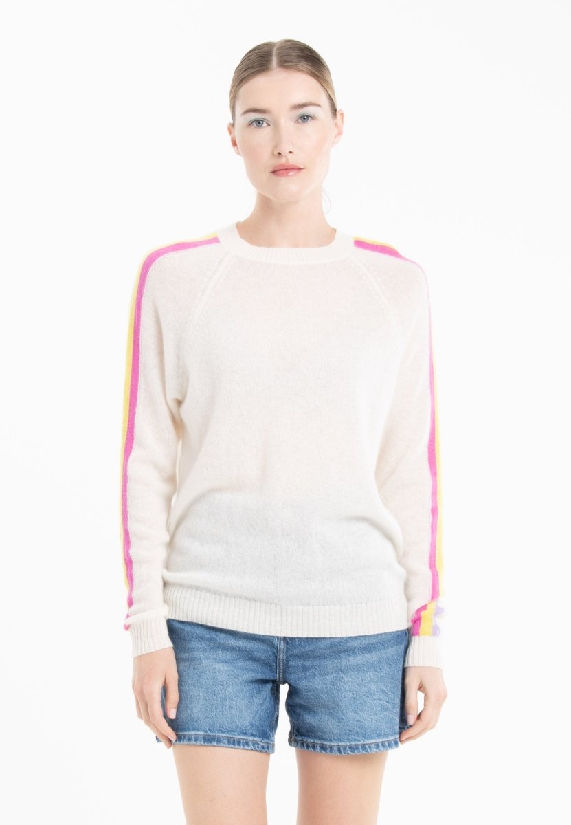 Pull col rond en cachemire écru/ rose/ jaune/ violet femme - KELLY 30-col rond femme-Studio Cashmere8-S-SC8-01077-blanc écru/rose barbie/jaune fluo/violet-Urbanheer