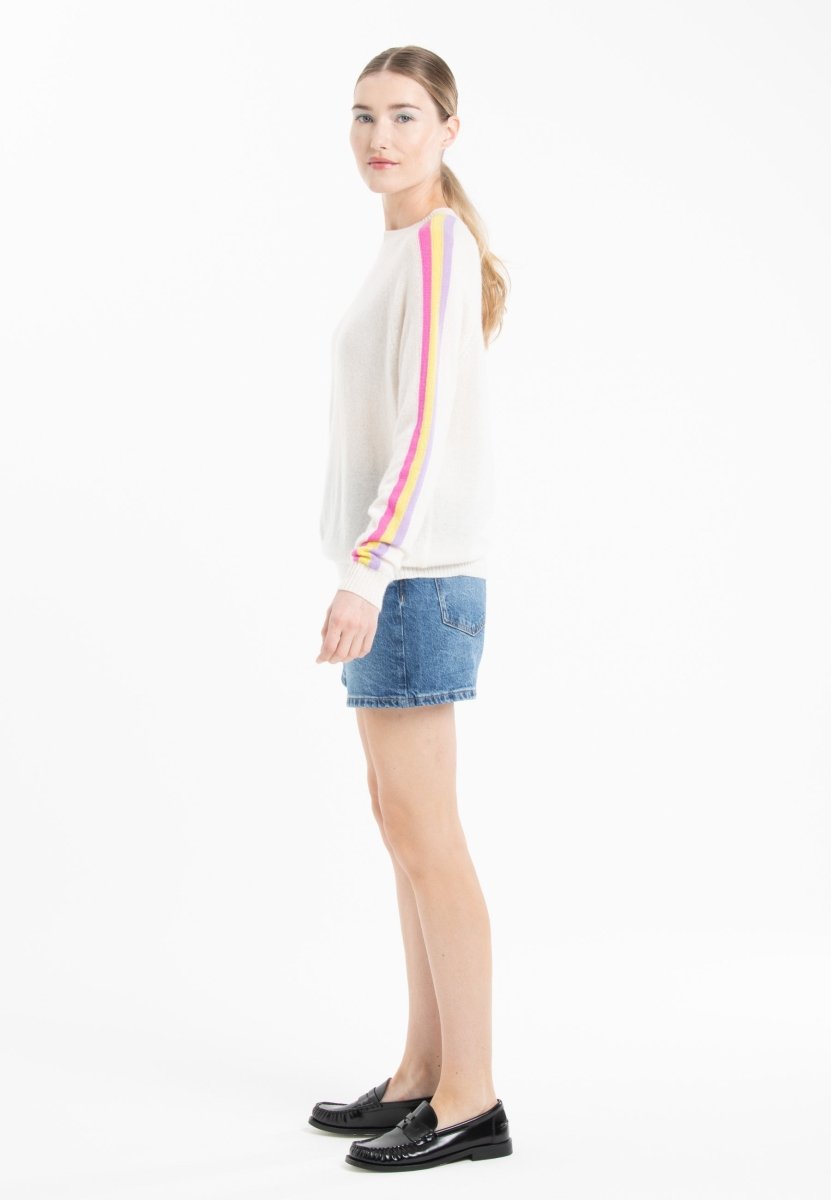 Pull col rond en cachemire écru/ rose/ jaune/ violet femme - KELLY 30-col rond femme-Studio Cashmere8-S-SC8-01077-blanc écru/rose barbie/jaune fluo/violet-Urbanheer