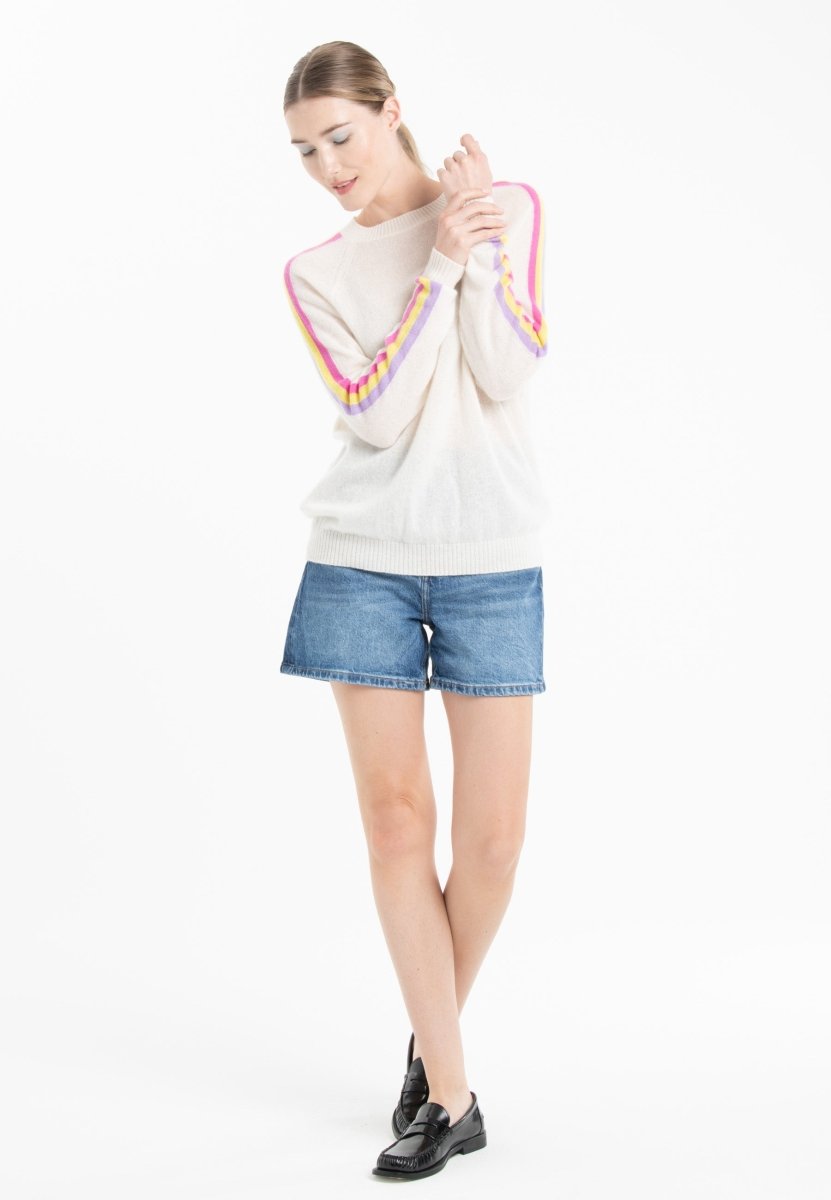 Pull col rond en cachemire écru/ rose/ jaune/ violet femme - KELLY 30-col rond femme-Studio Cashmere8-S-SC8-01077-blanc écru/rose barbie/jaune fluo/violet-Urbanheer