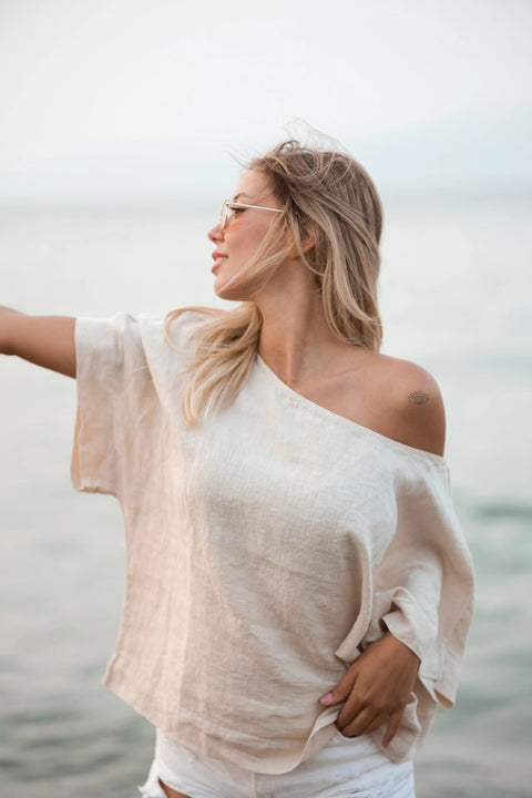 Pure Linen Beige Top-Top-Moa-Bust 39“ inches (100 cm) Waist 18.8“ inches (122 cm) Length 20” inches (53 cm)-Beige-Urbanheer