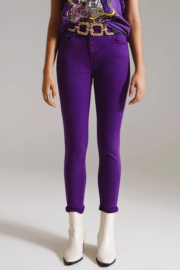 Purple Ankle Skinny Jeans with Soft Wrinkles-Jeans-Q2-XS-Purple-Urbanheer