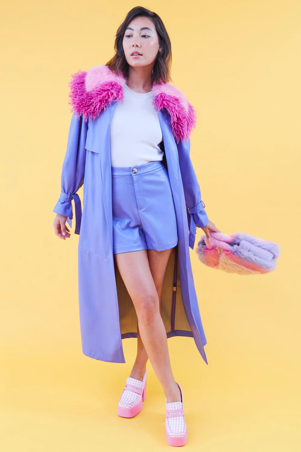 Purple Faux Leather Trench Coat with Faux Fur Collar-Faux Leather Coats-Buy Me Fur Ltd-S-M-Purple-Faux Leather-Urbanheer