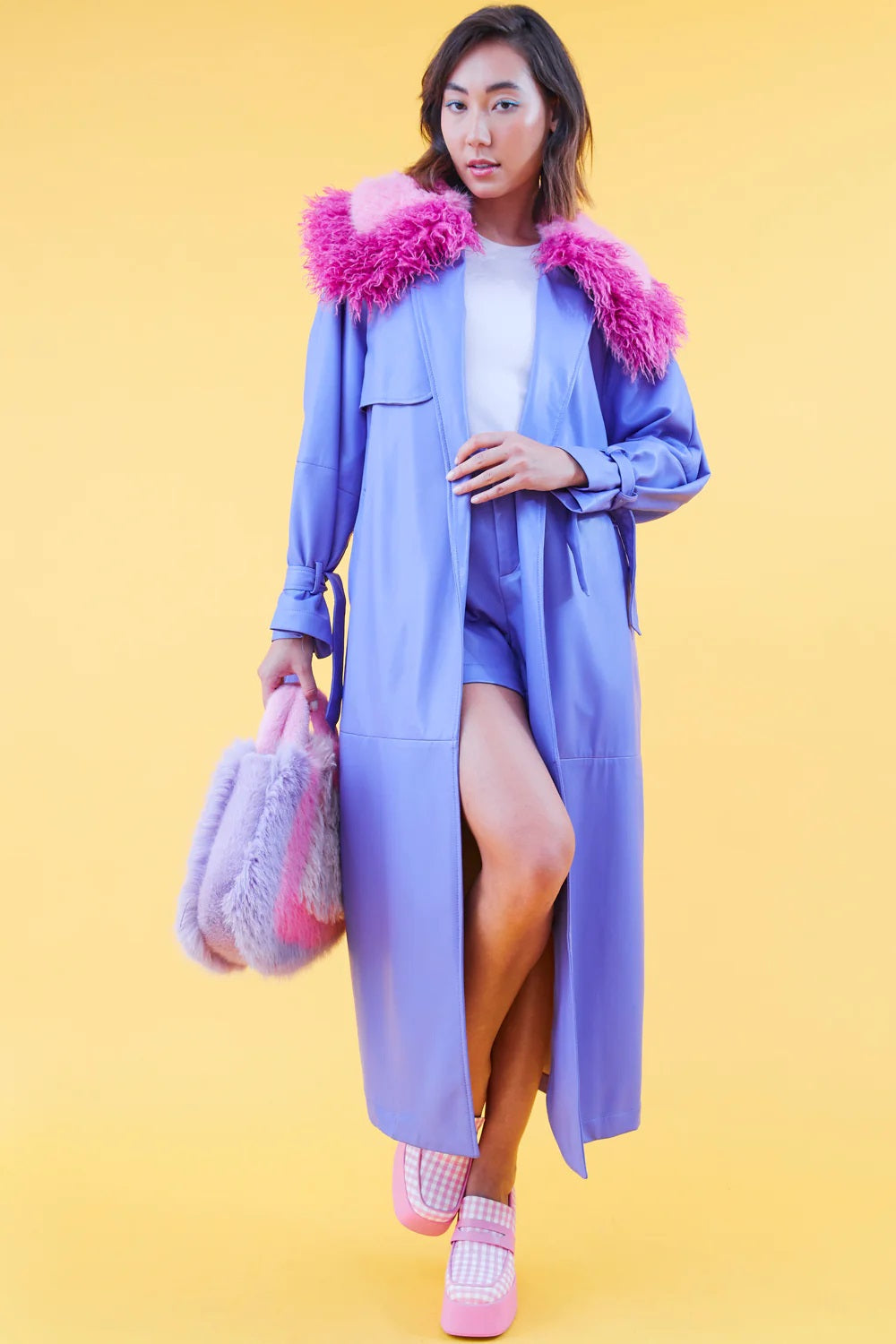 Purple Faux Leather Trench Coat with Faux Fur Collar-Faux Leather Coats-Buy Me Fur Ltd-S-M-Purple-Faux Leather-Urbanheer