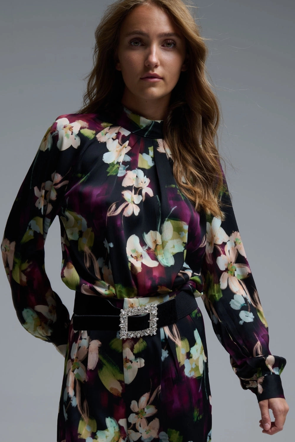 Purple Floral Print Satin Blouse