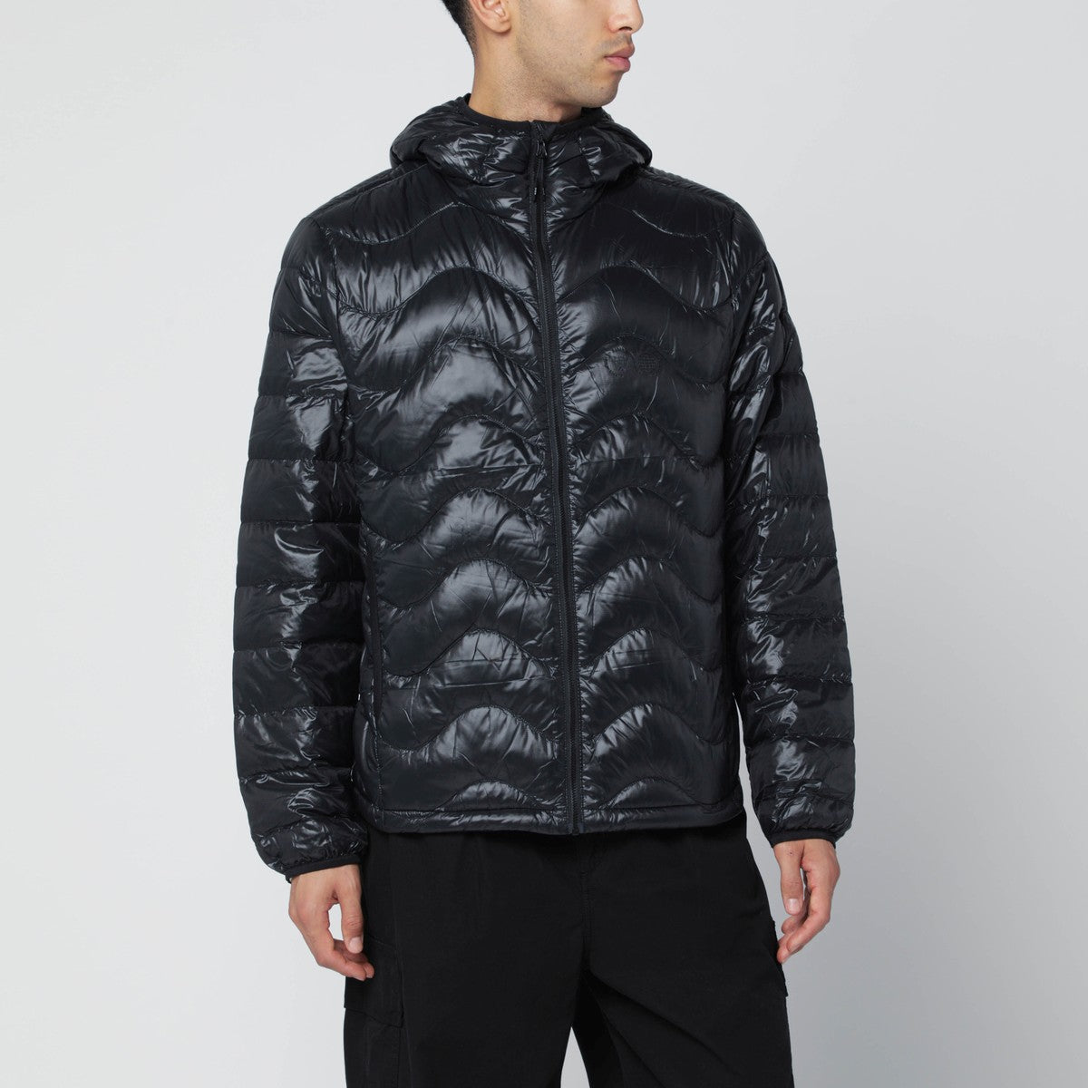 Purple Mountain Observatory Black Waves hooded puffer jacket