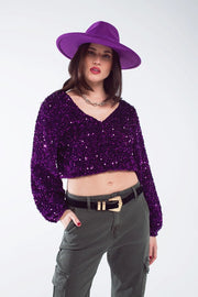 Purple Sequin Top with V-Neckline Ballon Sleeves-Top-Q2-S-Purple-Urbanheer