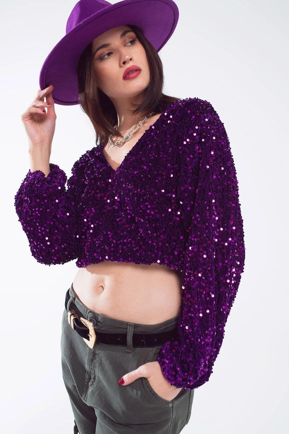 Purple Sequin Top with V-Neckline Ballon Sleeves-Top-Q2-S-Purple-Urbanheer