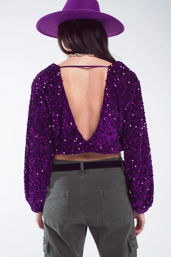 Purple Sequin Top with V-Neckline Ballon Sleeves-Top-Q2-S-Purple-Urbanheer
