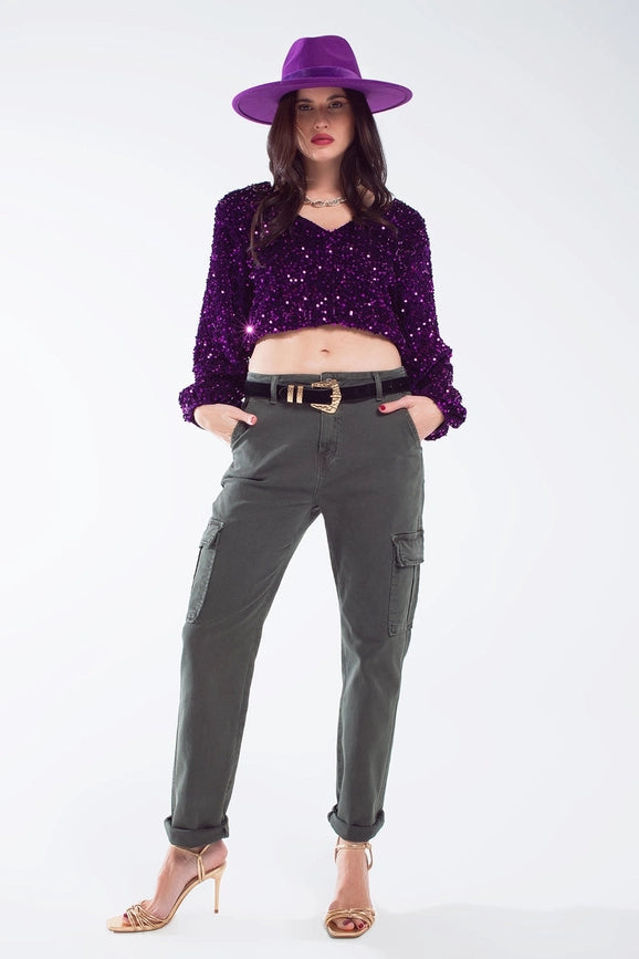 Purple Sequin Top with V-Neckline Ballon Sleeves-Top-Q2-S-Purple-Urbanheer