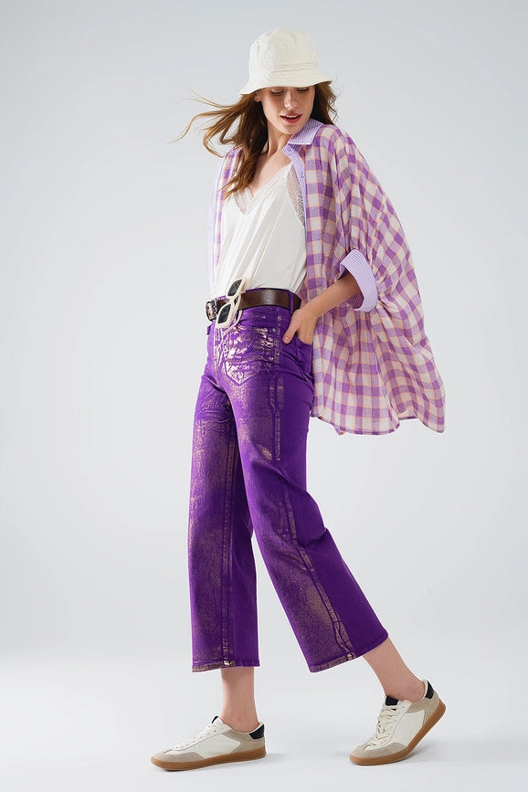 Purple Wide Leg Jeans with Metallic Finish in Gold-Jeans-Q2-XS-Purple-Urbanheer