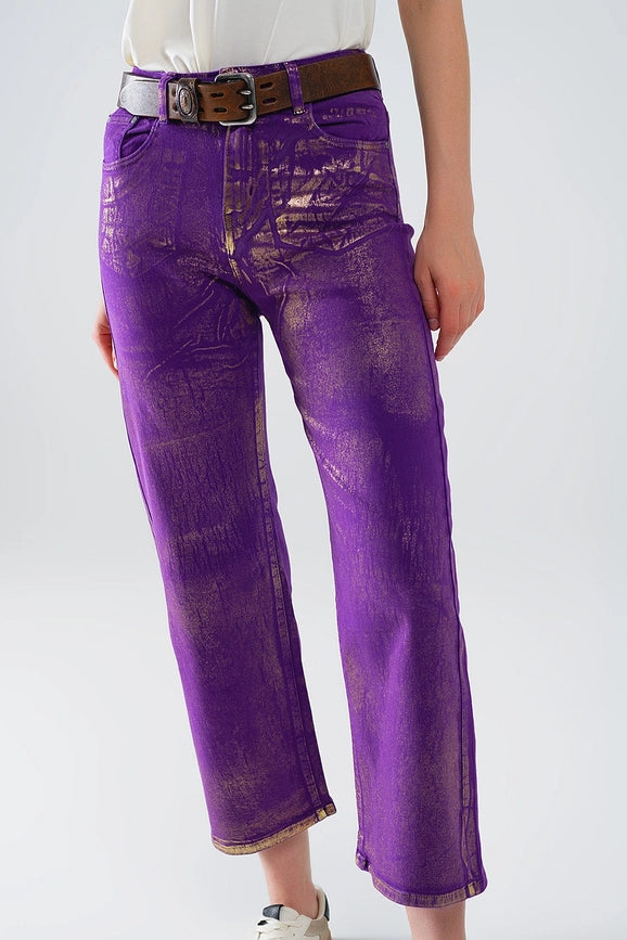 Purple Wide Leg Jeans with Metallic Finish in Gold-Jeans-Q2-XS-Purple-Urbanheer