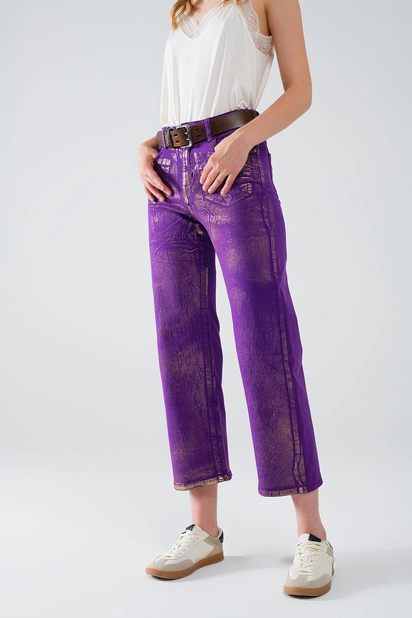 Purple Wide Leg Jeans with Metallic Finish in Gold-Jeans-Q2-XS-Purple-Urbanheer