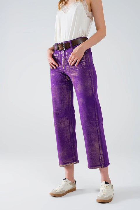 Purple Wide Leg Jeans with Metallic Finish in Gold-Jeans-Q2-XS-Purple-Urbanheer