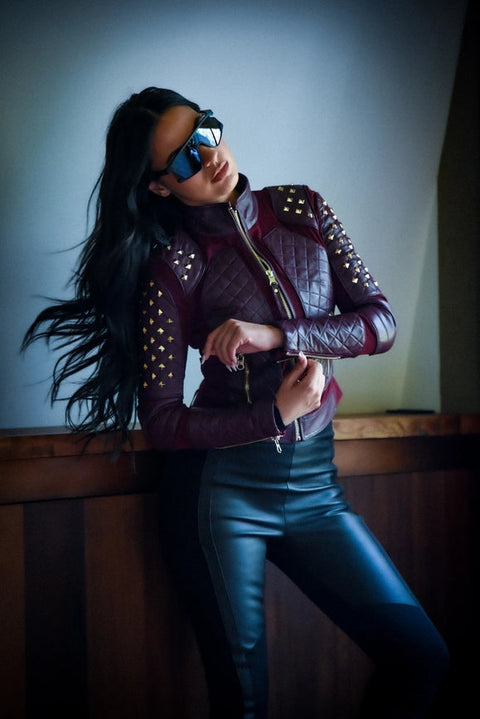 Pyramid Stud Mesh Moto Jacket Jls Oxblood Red-Jacket-Blanc Noir-XS-Oxblood Red-Urbanheer