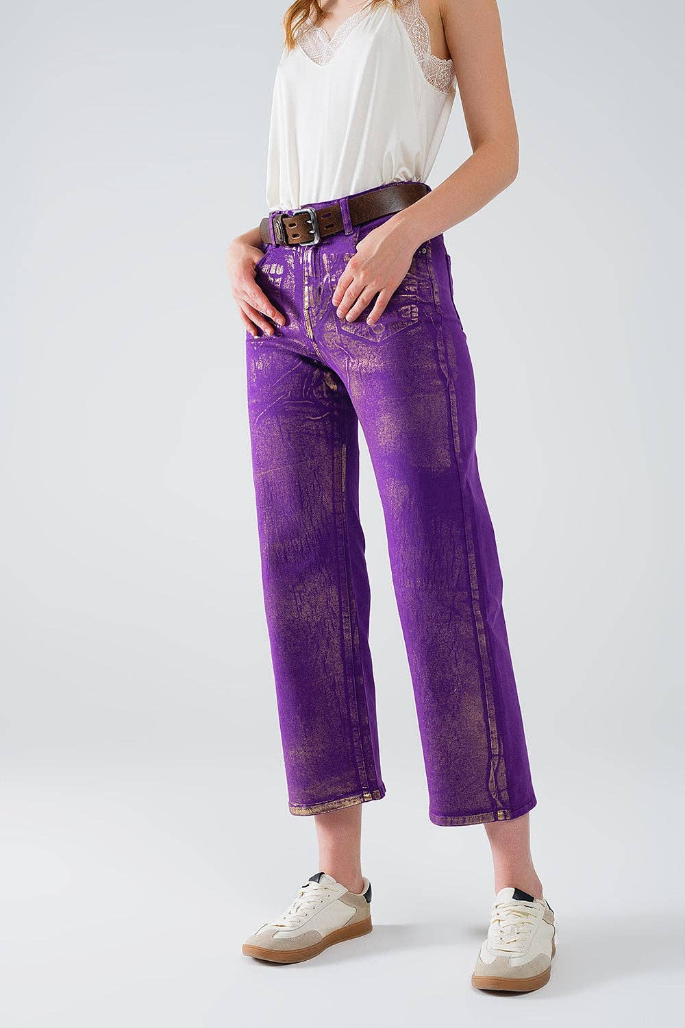 Q2 - Purple Wide Leg Jeans With Metallic Finish In Gold-Fashion-Q2-Purple-Large-Urbanheer