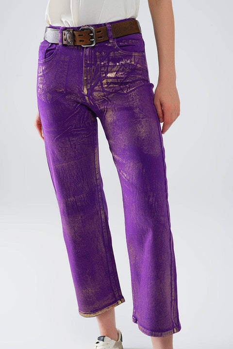 Q2 - Purple Wide Leg Jeans With Metallic Finish In Gold-Fashion-Q2-Purple-Large-Urbanheer