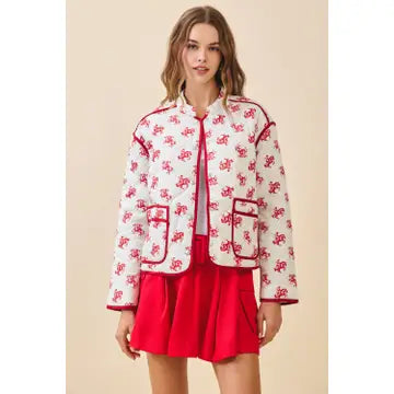 Quilted Cowboy Print Mandarin Collar Jacket