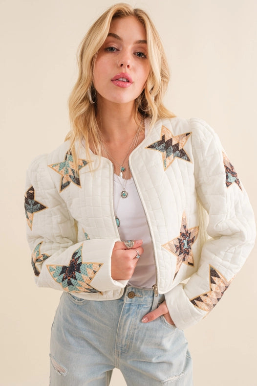 Quilted Multi Star Embroidered Padded Zip Up Jacket-Jacket-Blue B-S-OFF WHITE-Urbanheer