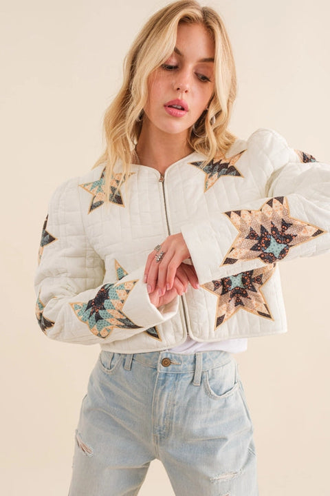 Quilted Multi Star Embroidered Padded Zip Up Jacket-Jacket-Blue B-S-OFF WHITE-Urbanheer