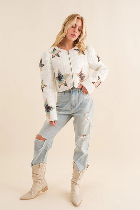 Quilted Multi Star Embroidered Padded Zip Up Jacket-Jacket-Blue B-S-OFF WHITE-Urbanheer