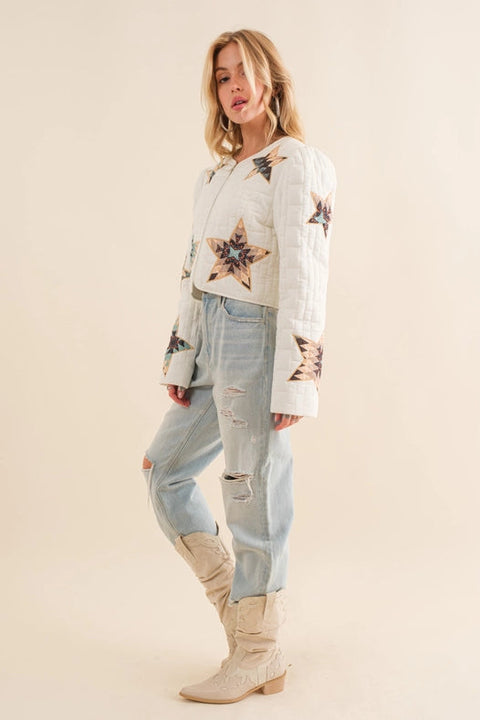 Quilted Multi Star Embroidered Padded Zip Up Jacket-Jacket-Blue B-S-OFF WHITE-Urbanheer