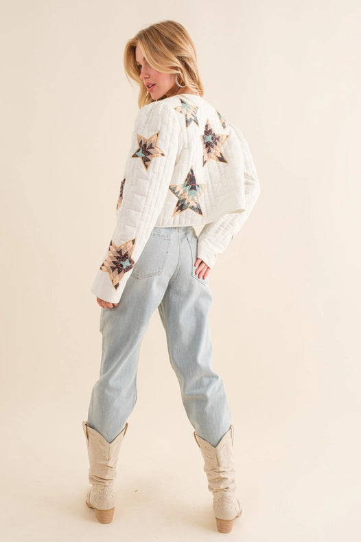 Quilted Multi Star Embroidered Padded Zip Up Jacket-Jacket-Blue B-S-OFF WHITE-Urbanheer