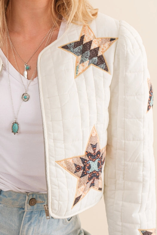 Quilted Multi Star Embroidered Padded Zip Up Jacket-Jacket-Blue B-S-OFF WHITE-Urbanheer