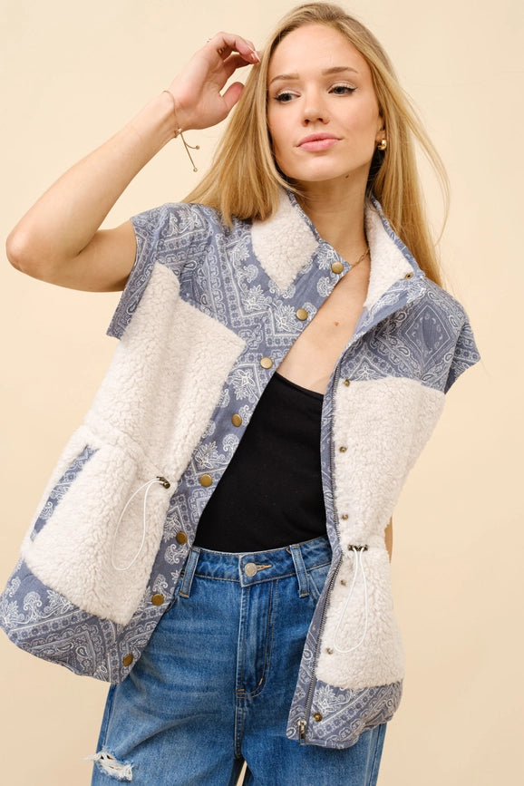 Quilted Paisley Faux Shearling Snap Up Vest-Vest-Blue B-S-OFF WHITE-Urbanheer