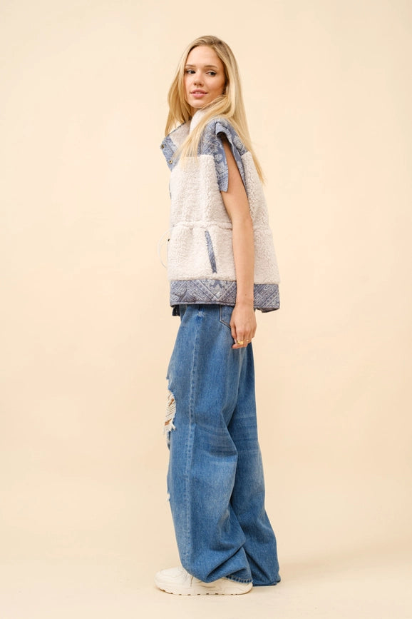 Quilted Paisley Faux Shearling Snap Up Vest-Vest-Blue B-S-OFF WHITE-Urbanheer