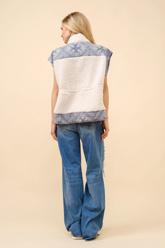 Quilted Paisley Faux Shearling Snap Up Vest-Vest-Blue B-S-OFF WHITE-Urbanheer