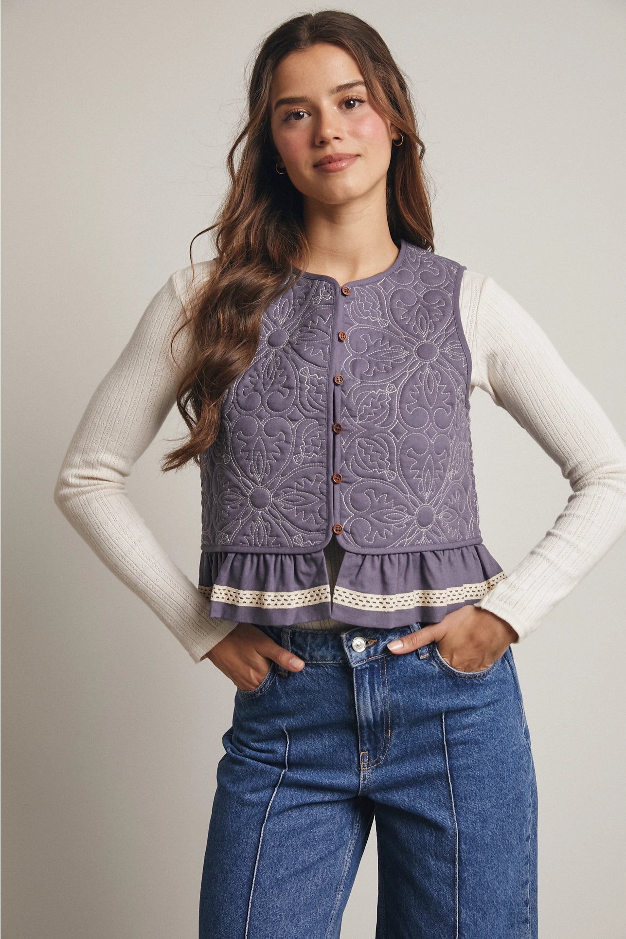 Quilted Peplum Vest with Lace Trim in Blue