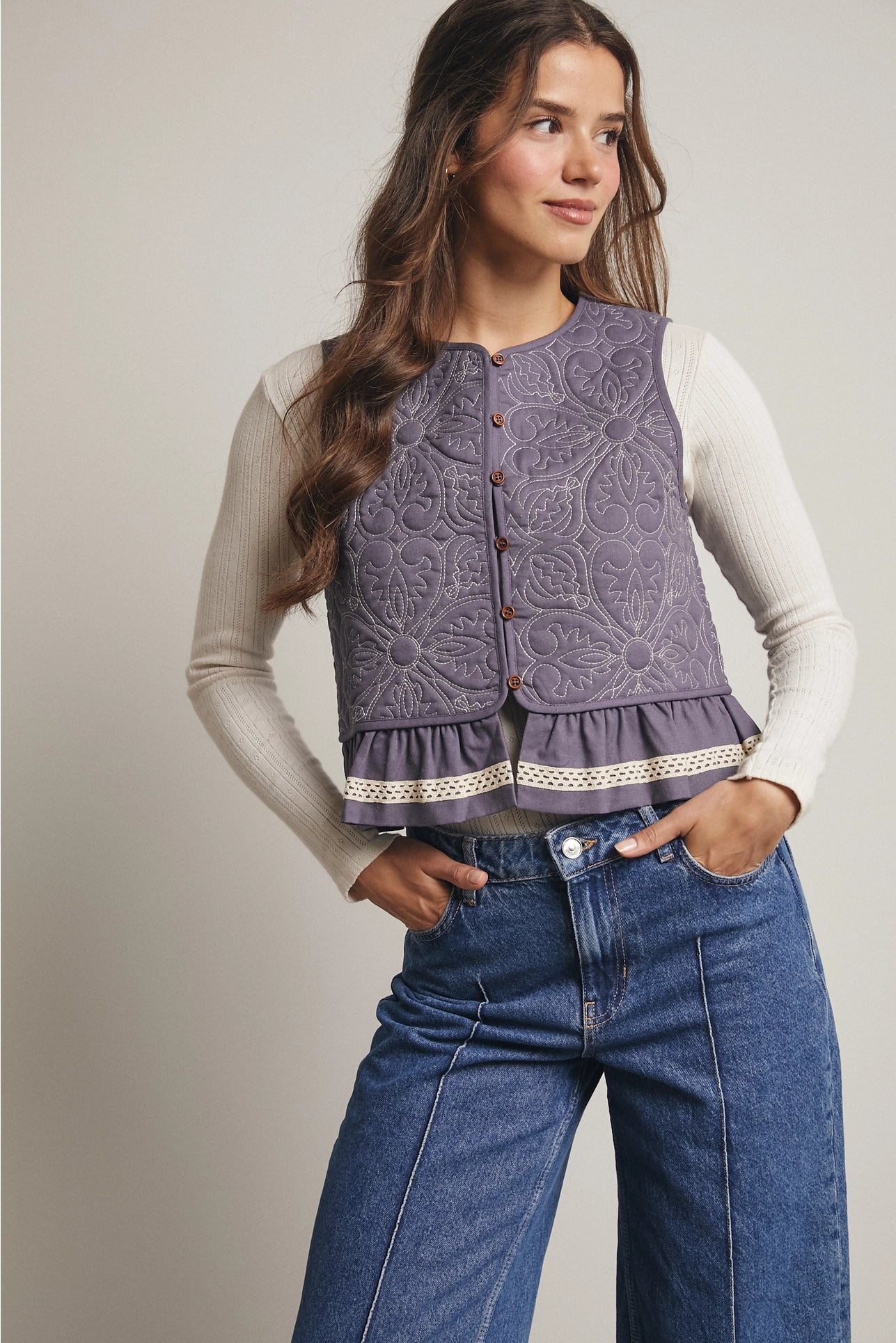 Quilted Peplum Vest with Lace Trim in Blue