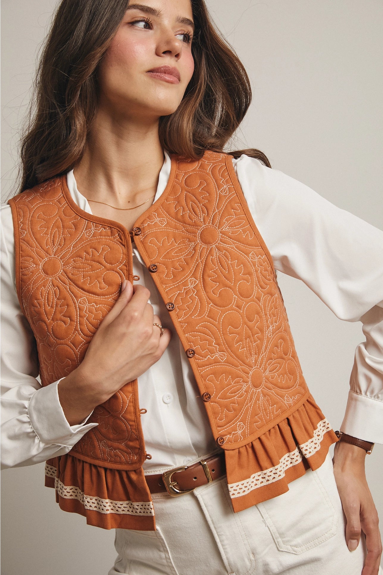Quilted Peplum Vest with Lace Trim in Orange