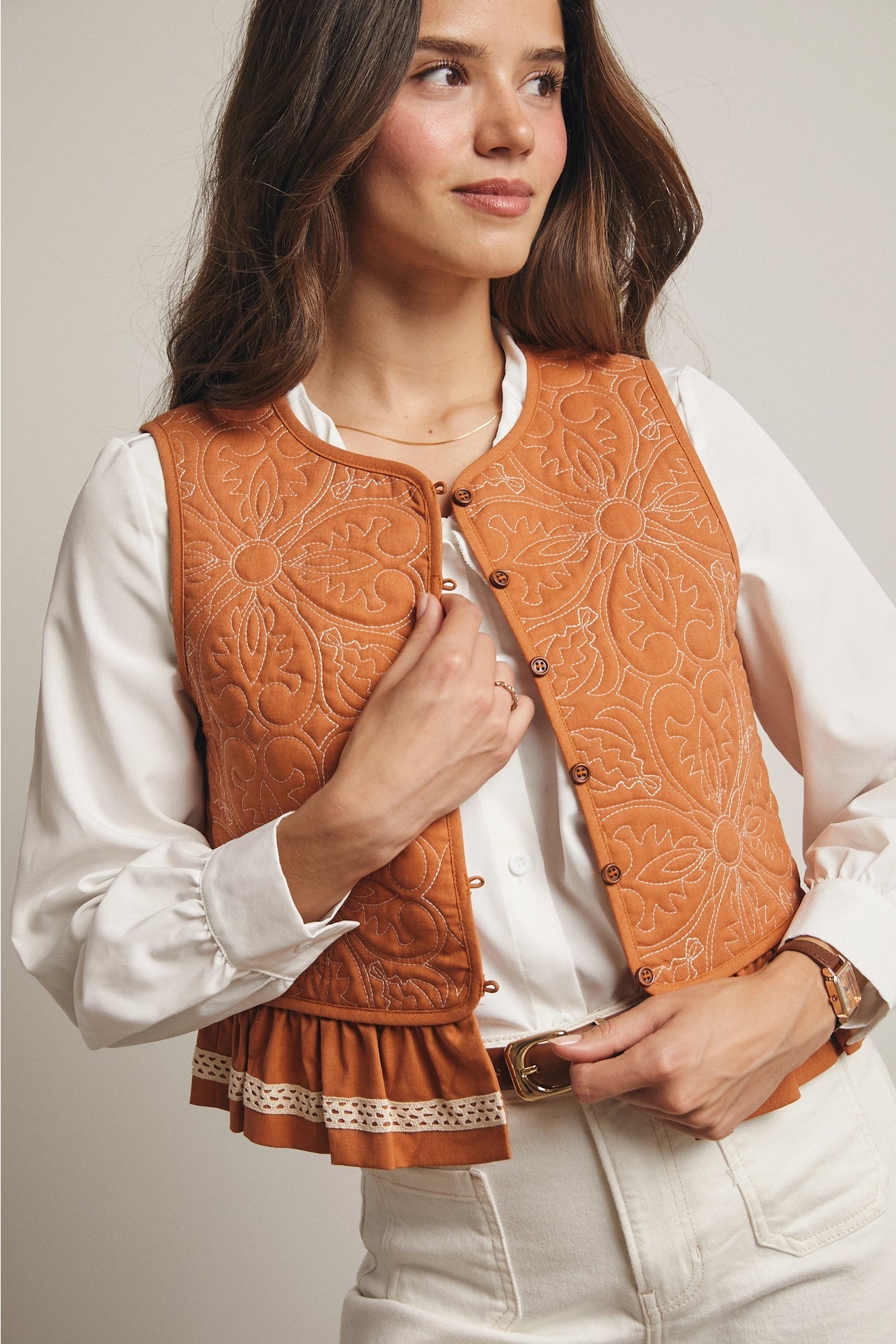 Quilted Peplum Vest with Lace Trim in Orange