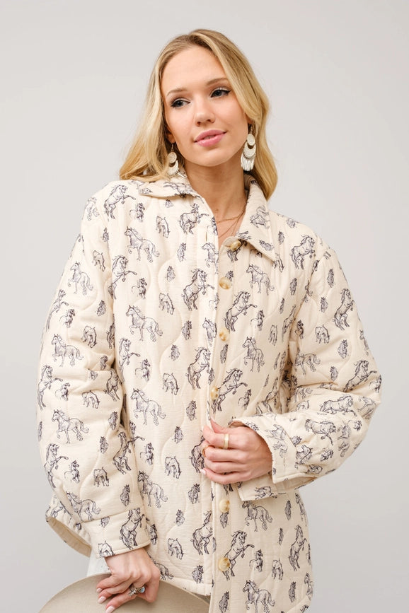 Quilted Western Horse Print Jacket-Jacket-Blue B-S-CREAM-Urbanheer