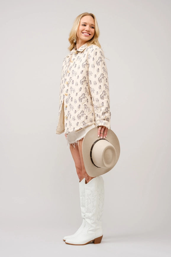 Quilted Western Horse Print Jacket-Jacket-Blue B-S-CREAM-Urbanheer