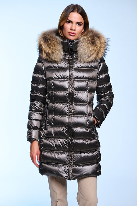 RACHEL slim fit long down jacket with detachable hood